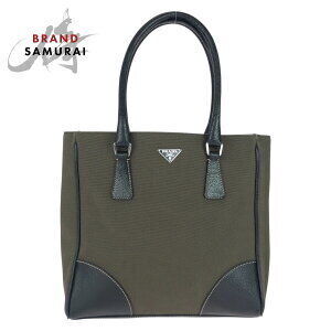 PRADA triangular logo plate Khaki Green black leather tote bag handbag